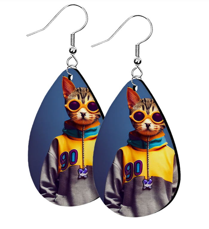 Retro-style earrings with a print of a cat in sunglasses and a sweatshirt