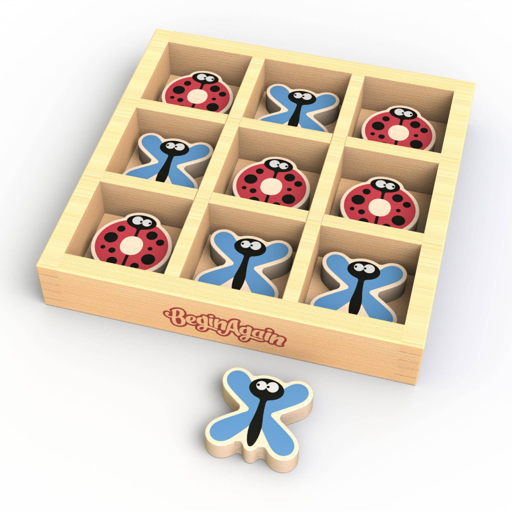 A wooden tic-tac-toe game