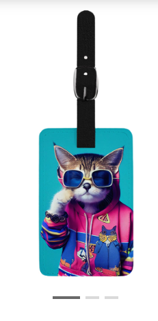 A luggage tag with a cat